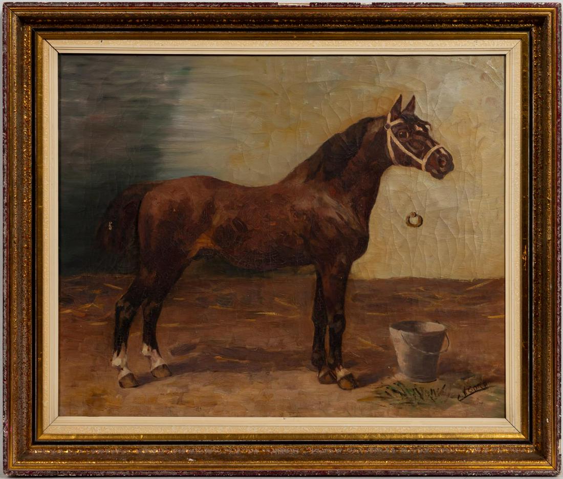 EQUESTRIAN OIL ON CANVAS, 19TH C.: British school, 19th century. "Horse in Stable", oil on canvas. Signed lower right "C Gore".Approx. 24.5" x 28.5" (framed), 20" x 24" (canvas)