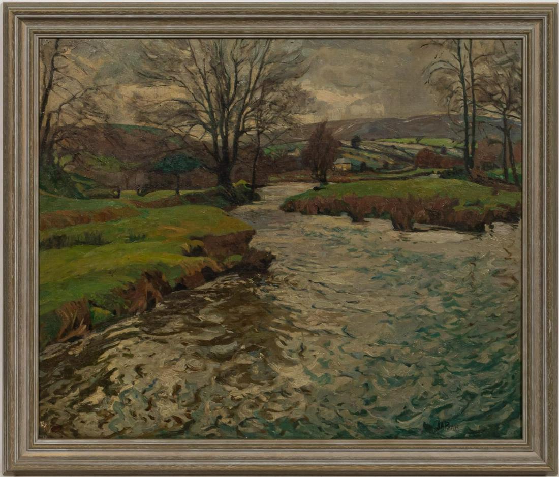 JAMES PARK, ST IVES CORNWALL, OIL ON CANVAS: James Anthony Park (British, 1880-1962). "St. Ives - Cornwall", oil on canvas of a stream flowing through a green country landscape. Signed lower right, remnant of label on stretcher.Approx. 29" x 34"