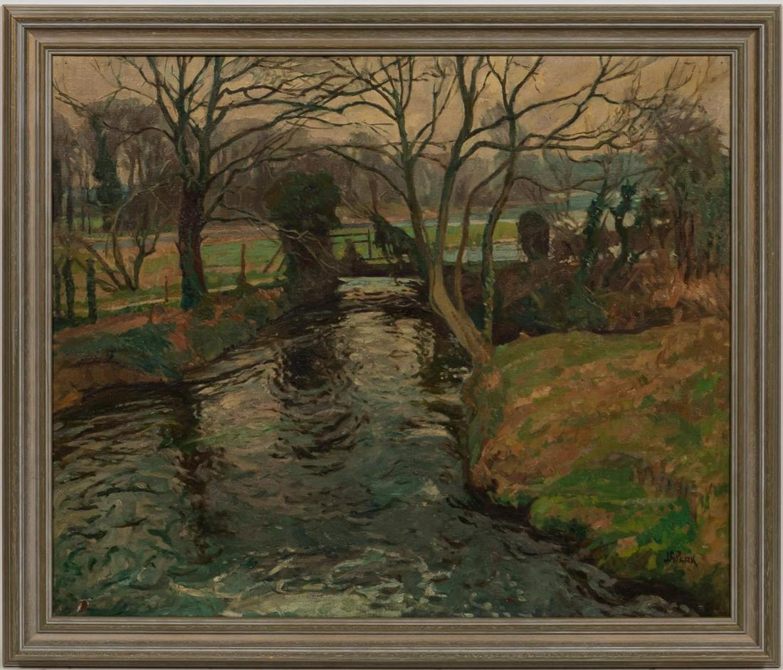 JAMES PARK, WHERE THE TROUT RISE, OIL ON CANVAS: James Anthony Park (British, 1880-1962). "Where the Trout Rise", oil on canvas of a stream flowing through a green country landscape. Signed lower right, titled on label on stretcher.Approx. 29" x 34"