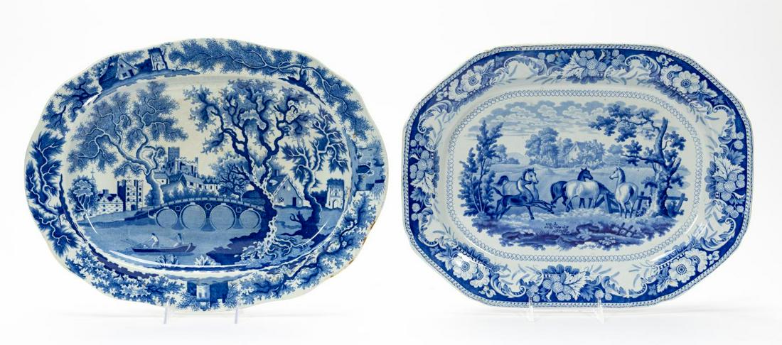 TWO BLUE & WHITE ENGLISH STAFFORDSHIRE PLATTERS: J and W Ridgway (British, c. 1814-1830). "Rural Scenery" pattern transferware platter depicting horses in a field, marked underneath. Together with platter depicting English gothic village along river