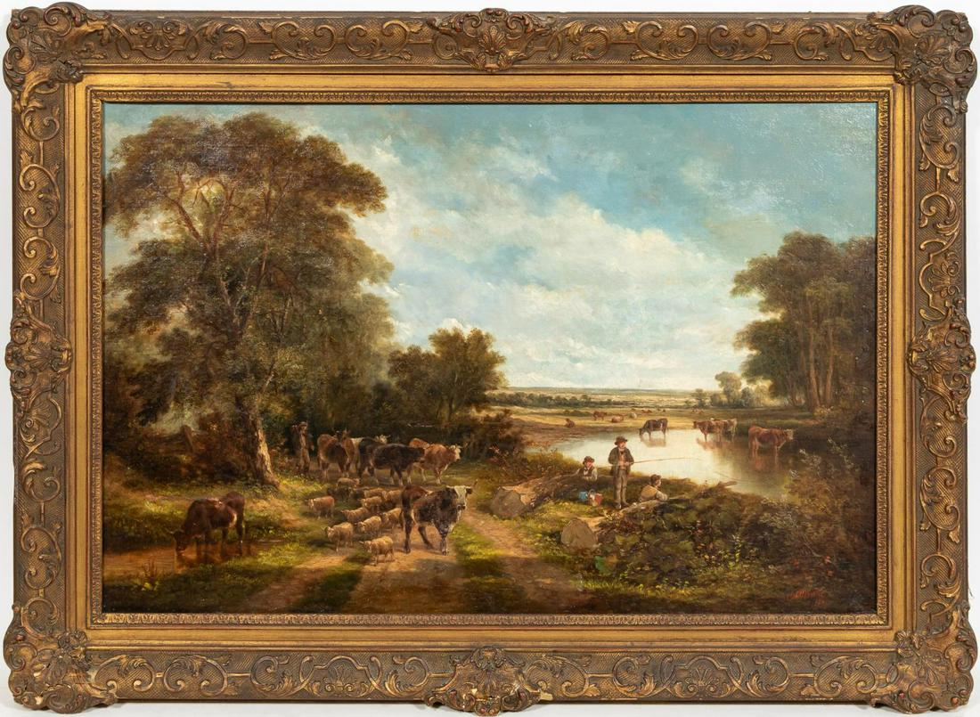 EDMUND A WILLIS, 1881 ENGLISH LANDSCAPE, OIL: Edmund Aylburton Willis (British, 1808-1899). "Landscape with Boys Fishing, Cows, and Sheep" -1881, oil on canvas. Signed and dated lower right. Period frame.Approx. 31.5" x 43.5" (framed), 24" x 36" 