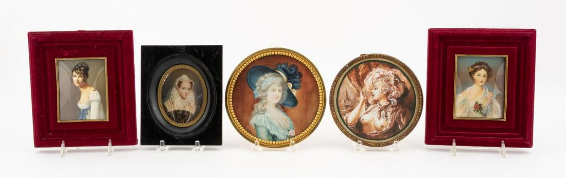 FIVE MINIATURE PORTRAIT PAINTINGS: Group of female miniature portraits comprising of one facsimile after W.T.Fry's etching of Mary Stuart, one female nude on paper, one female in blue hat on canvas board, and two in burgundy velvet fra