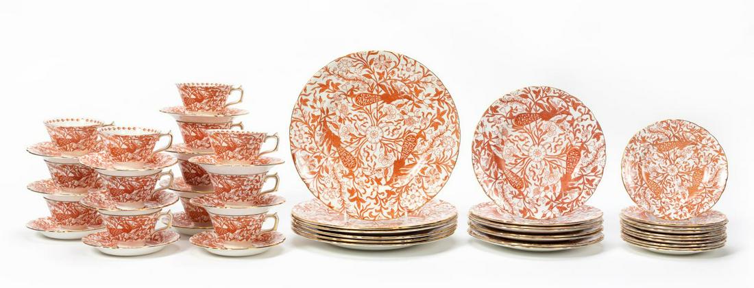 50PC ROYAL CROWN DERBY "RED AVES" GILT CHINA SET: Royal Crown Derby (English), mid 20th century. Fifty piece partial dinner service in "Red Aves" pattern with gilt rims, comprising of five dinner plates (diam. 10.5"), eight salad plates (diam. 8.5"),