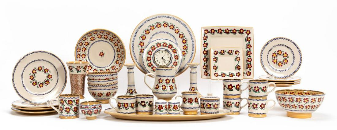37PC NICHOLAS MOSSE ROSE POTTERY DINNER SET: Nicholas Mosse (Irish, est 1976), late 20th century. Thirty seven piece partial dinner service in antique rose, comprising of four dinner plates (diam. 10.75"), four luncheon plates (diam 8.5), two sq