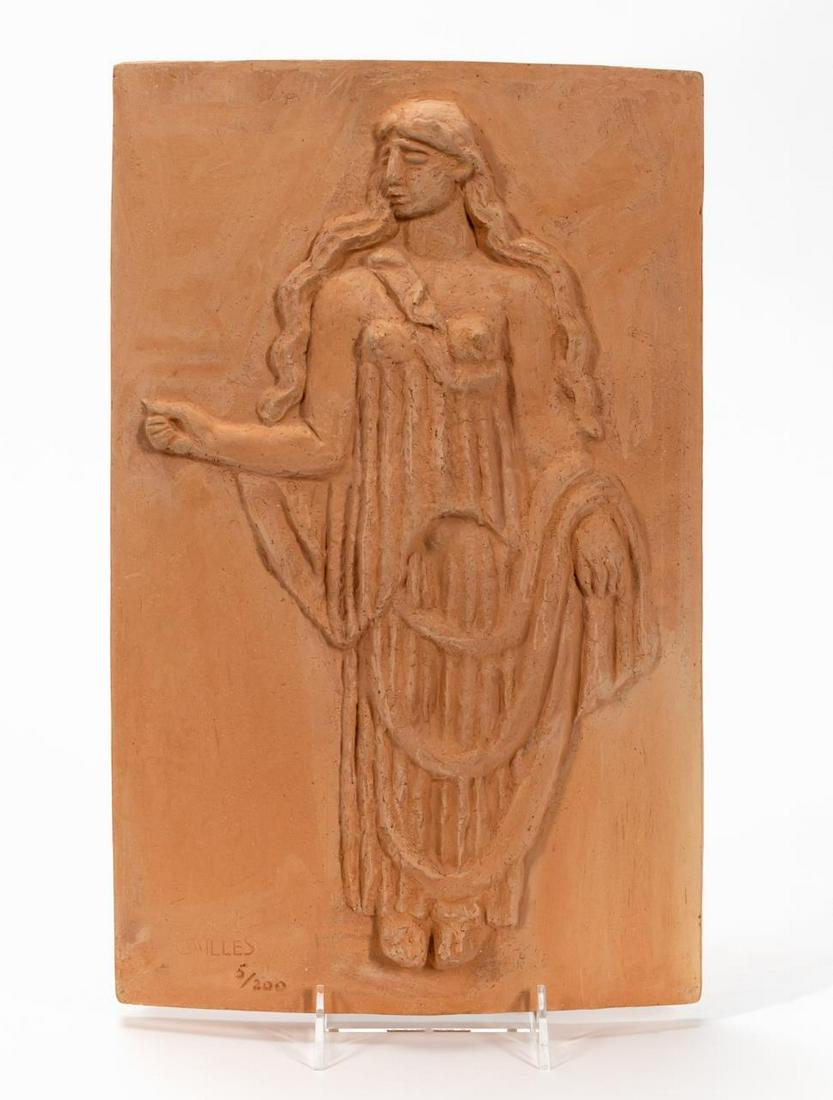 CARL MILLES, TERRACOTTA RELIEF WALL PLAQUE, 5/200: Carl Milles (Swedish/Michigan, 1875-1955). "Muse", terracotta relief. Impressed signature lower left and numbered 5/200.Approx. h. 16" w. 10" d. 2"