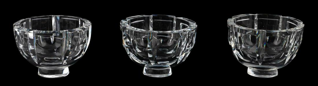 SET, THREE ORREFORS "BERNADOTTE" CRYSTAL BOWLS: Orrefors, contemporary. A grouping of three "Bernadotte" pattern crystal footed bowls. Each marked to underside.Approx: h. 3.75", w. 5".