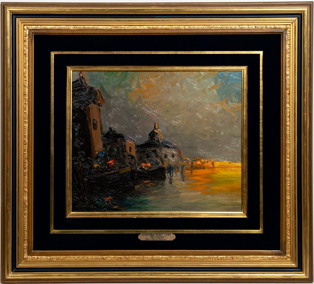 STEPHEN KOEKKEOK IMPRESSIONIST HARBOR SCENE: Stephen Robert Koekkoek (Dutch / Argentinean, 1887-1934). "Horizonte Marino," oil on panel, signed lower left. Seascape painting.Approx. 37" x 41" (framed), 23" x 19.5" (panel)