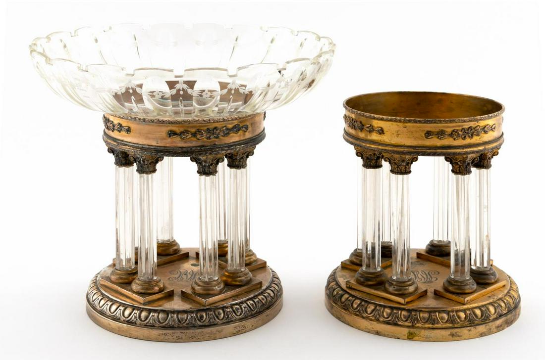 PAIR, AUSTRIAN SILVER GILT NEOCLASSICAL TAZZE: Austrian, 1872-1922. Neoclassical style .800 silver gilt tazze with fluted glass columns, one accompanied by etched glass bowl. Marked on most pieces and underside, fineness / Diana's head 3 A, and ma