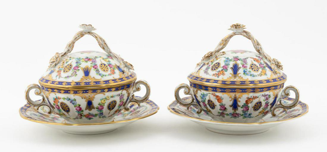 PAIR, DRESDEN LIDDED BOWLS W/ UNDERPLATES: Carl Thieme, German, 20th century. Pair of Mid-20th Century German porcelain lidded soup bowls with saucers, the ribbed bowls with molded handles, a conforming lid with handle of twisted vines with fl