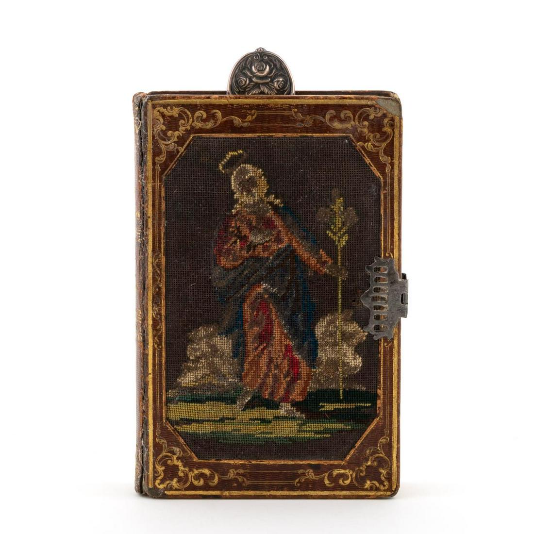 GERMAN CATHOLIC PRAYER BOOK, BAUER, 1844: German, mid-19th century. A German language mid-19th Century Catholic Prayer Book, A. C. Bauer, Wurzberg, 1844, with tooled leather binding, front and back covers having inset petit-point needlework p