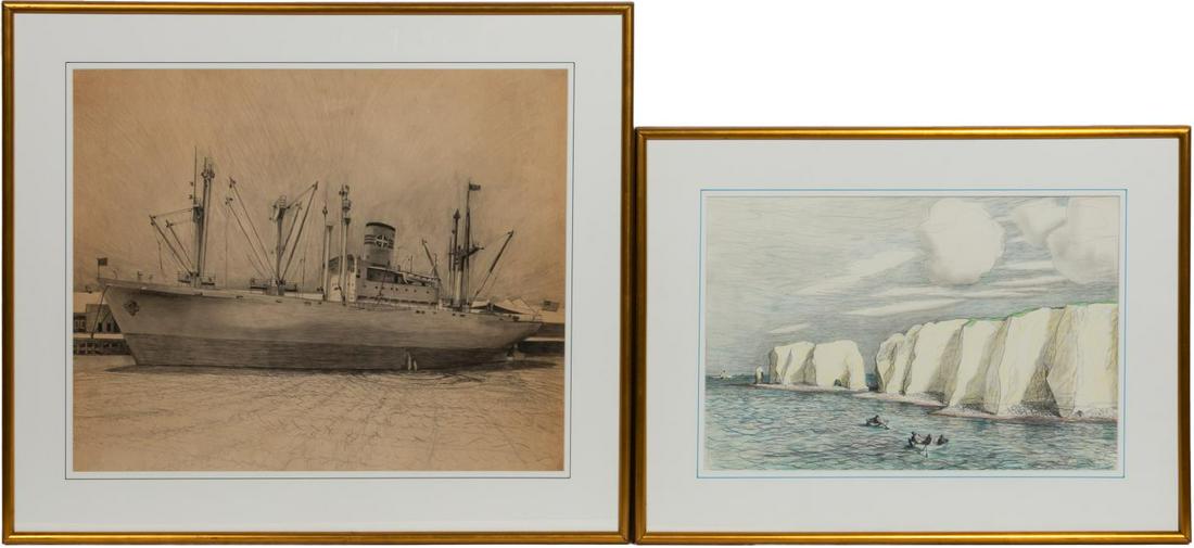 PAIR OF NAUTICAL DRAWINGS BY MICHAEL LESCZYNSKI: Michael Lester Lesczynski (Polish, 1906-1972). "Artic Ice" -1957 and "Alcoa Pennant", mixed media on paper. One signed and dated lower right. Approx. 28" x 32" (largest, framed). Provenance: Deaccessi