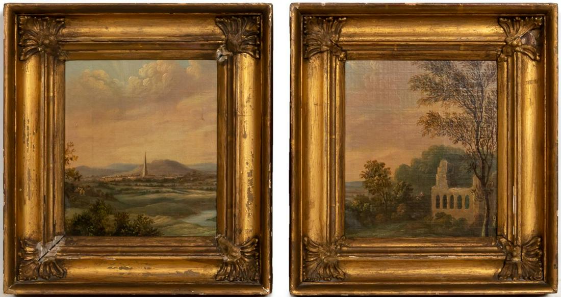 PAIR, EUROPEAN LANDSCAPE PAINTINGS, GILTWOOD FRAME: British or Continental school, 19th century. Pair of Landscapes, oil on canvas laid onto masonite. Both unsigned, matching period giltwood frames.Approx. 12.5" x 11.5" (framed), 8" x 7" (canvas)