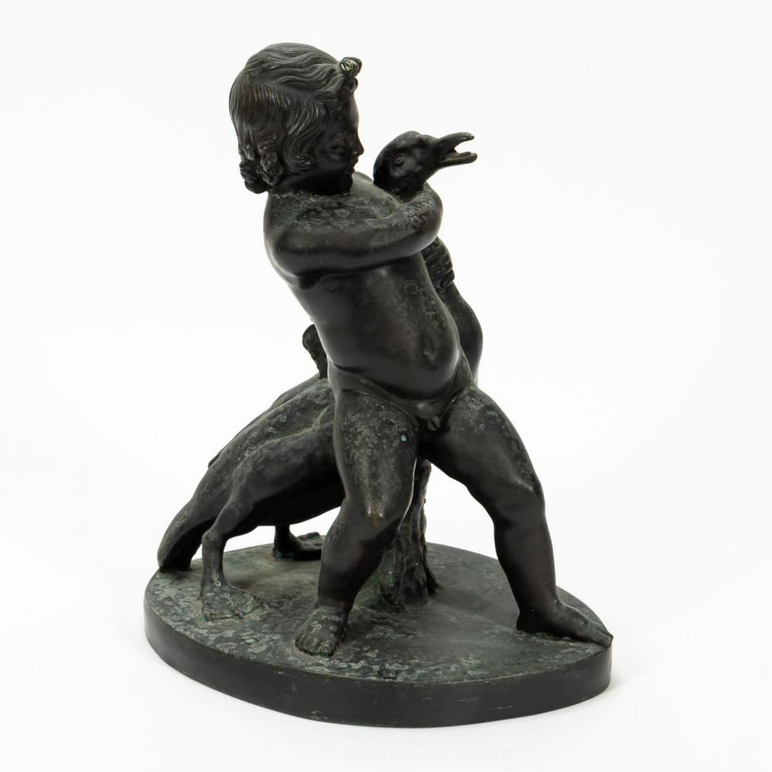 "BOY WRESTLING GOOSE", BRONZE ANIMAL SCULPTURE: Continental school, early 20th century. "Boy Wrestling Goose", bronze. Apparently unsigned.Approx. h. 13" w. 10.75" d. 8.5"