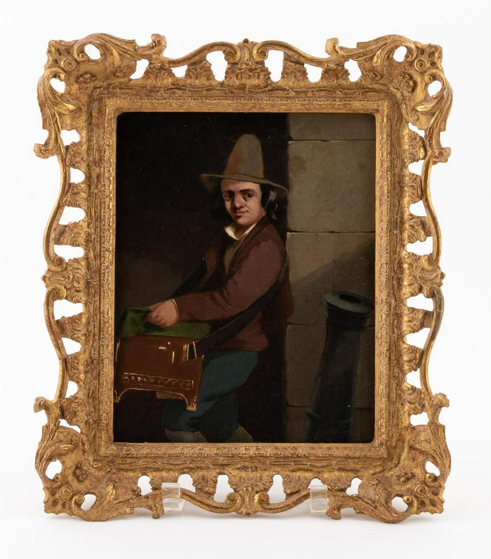 STREET MUSICIAN, OIL ON CANVAS, 19TH C: Continental School (19th c). "Street Musician", oil on canvas. Signed "Palini" lower right, elaborate giltwood frame. Approx. 13.25" x 11.25" (framed), 10" x 8" (canvas). Provenance: Deaccession from 