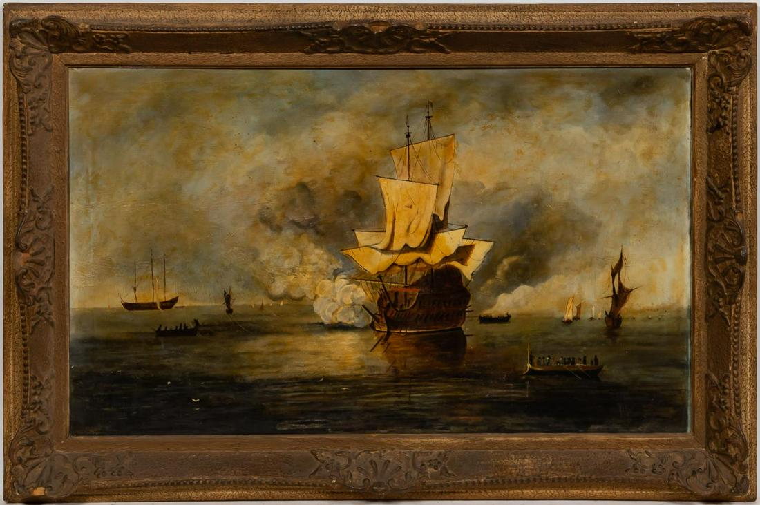 ANTIQUE MARITIME OIL ON CANVAS, SIGNED: Continental school, early 20th century. "Naval Battle", oil on canvas. Signed illegibly lower right.Approx. 31" x 47" (framed), 23.5" x 39.25" (canvas)