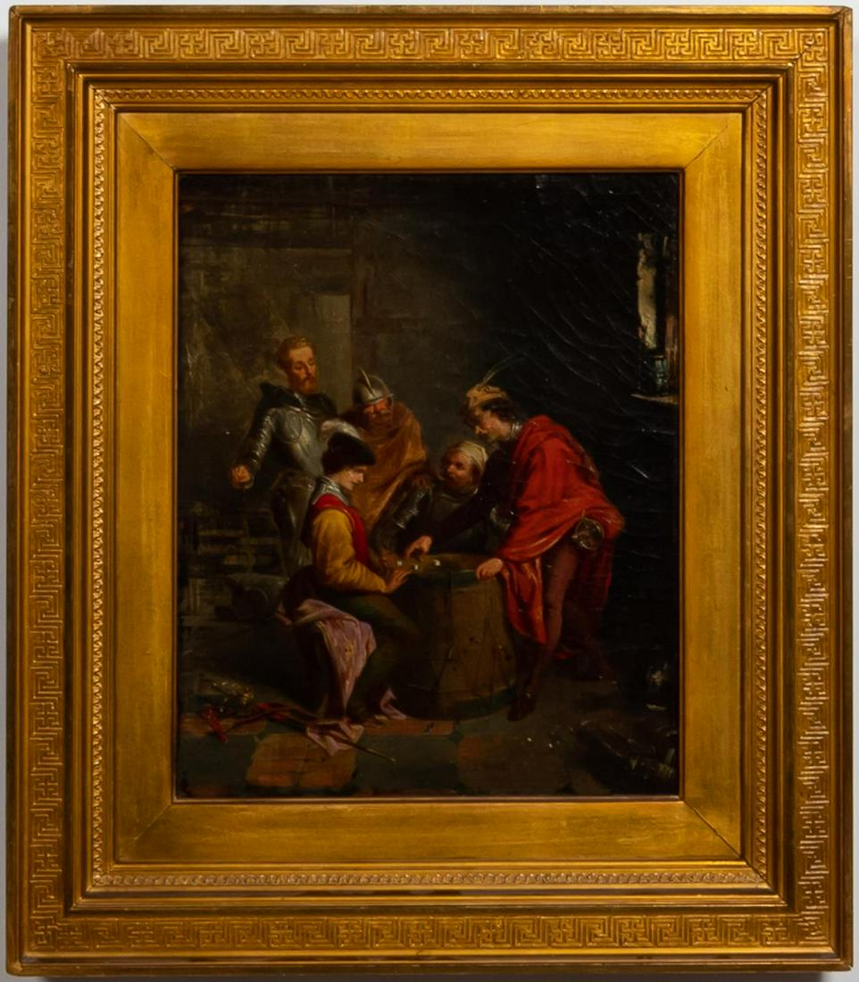 GAMBLERS, OIL ON CANVAS, CONTINENTAL SCHOOL: Continental School, 18th/19h century. "Soldiers Gambling", oil on canvas depicting men in armor gambling with dice on a military drum. Apparently unsigned.Approx. 24" x 21" (framed), 16" x 13" (canvas