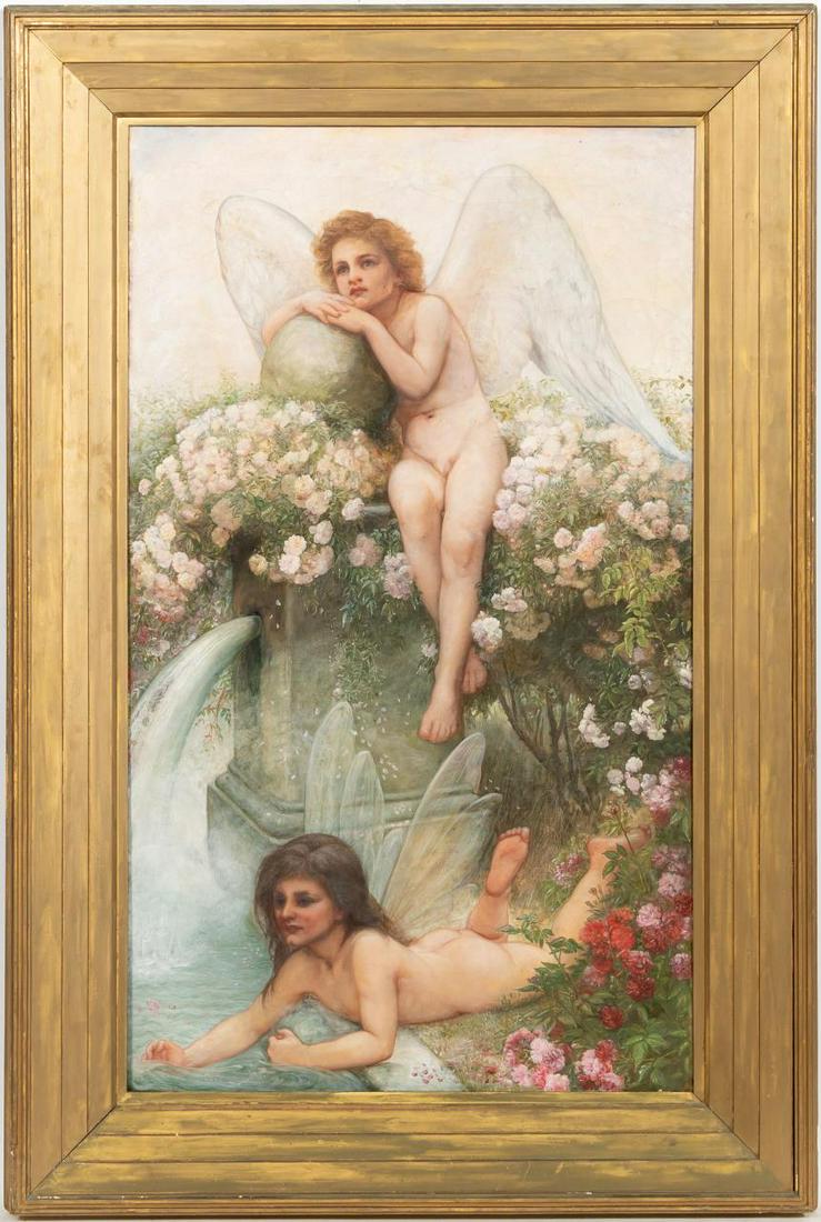 CLASSICAL GARDEN SCENE, OIL ON CANVAS, FRAMED: Continental school (early 20th c). "Cherubs by a Garden Fountain", oil on canvas, apparently unsigned. Fanciful figural painting.Approx 59.5" x 40" (frame), 48" x 30" (canvas)