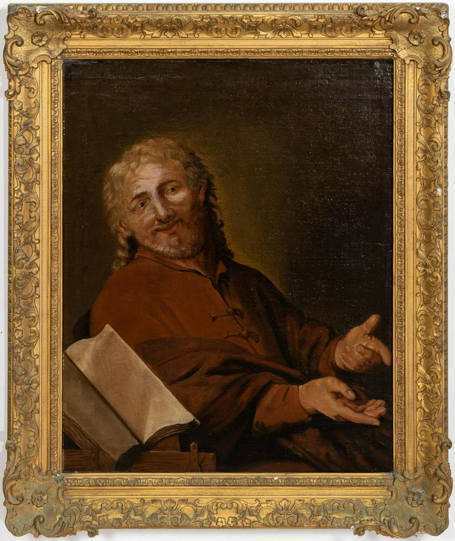 PORTRAIT OF A MAN, OIL ON CANVAS, GILTWOOD FRAME: Continental school (19th c). "Portrait of a Man in a Red Cloak- a Shylock", oil on canvas, apparently signed. Figural painting. Antique giltwood frame.Approx. 40" x 33.5" (frame),31.5" x 26" (canvas)