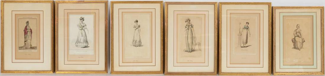SIX EARLY 19TH C WOMEN'S FASHION PRINTS, FRAMED: British and Continental schools, early 19th century. Set of six hand-colored women's fashion engravings, five framed as a set, one with similar frame and French mat.Approx. 14.5" x 10.25" (5 largest,