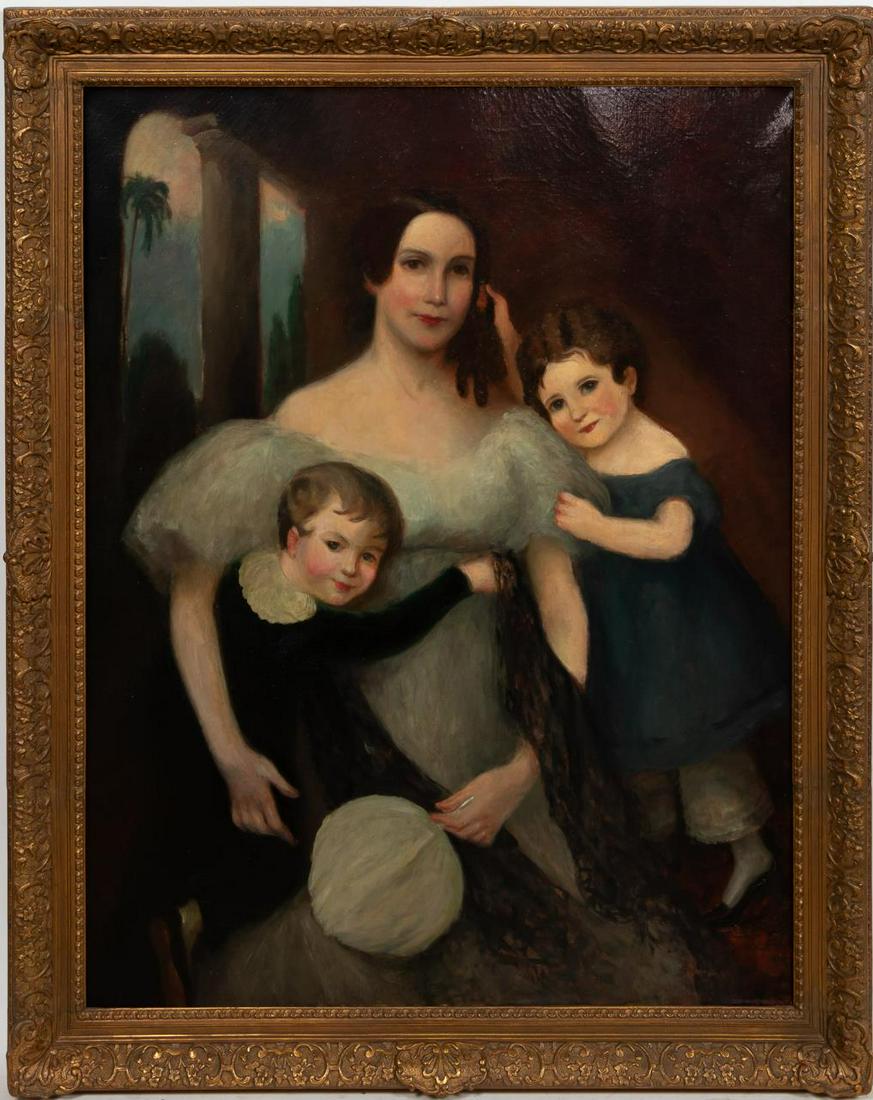 PORTRAIT OF MOTHER AND CHILDREN, OIL ON CANVAS: Continental school, 19th century. "Portrait of a Lady with Fan and Children", oil on canvas. Apparently unsigned. Antique frame. Figural painting of a family.Approx. 56.75" x 45.5" (framed), 49.5" x 3