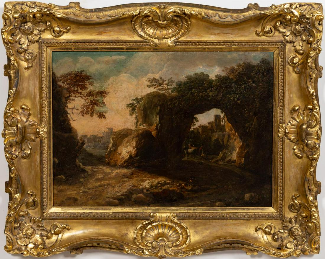 19TH C. CONTINENTAL SCHOOL, OIL ON CANVAS: Continental school, 19th century. "Village Scene Through Natural Arch", oil on canvas. Apparently unsigned. Elaborate giltwood frame. Scenic landscape painting of a rock formation.Approx 29.5" x 36.5"