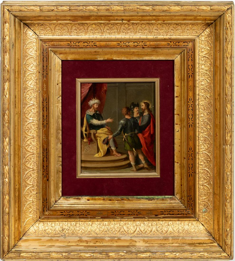 OIL ON COPPER, PONTIUS PILATE, FRAMED: Continental school, 18th century. "Christ Before Pontius Pilate", oil on copper. Unsigned.Approx. 19" x 17.25" (framed), 7.5" x 6" (image)