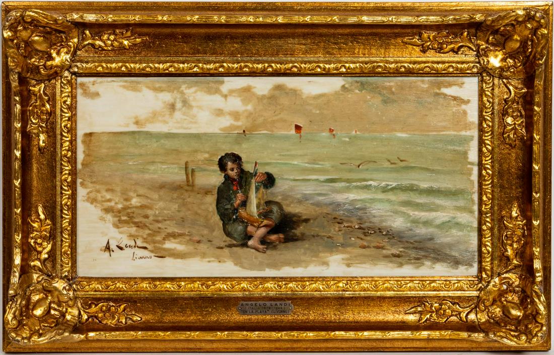 ANGELO LANDI OIL ON PORCELAIN, FIGURE ON BEACH: Angelo Landi (Italian, 1879-1944). "En La Playa, Livorno", oil on porcelain panel of boy with toy sailboat by sea. Signed lower right, titled on plaque on frame.Approx. 16.75" X 26" (framed), 9.75" x 