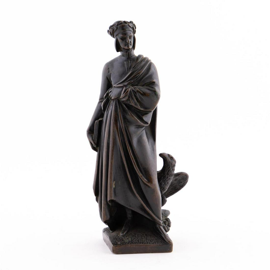 19TH C BRONZE AFTER ENRICO PAZZI, DANTE WITH EAGLE: After Enrico Pazzi (Italian, 1818-1899). Late 19th/early 20th century bronze modeled after Pazzi's sculpture of Dante, the original in the Piazza Sante Croce in Florence, Italy. Unsigned.Approx. h. 8.