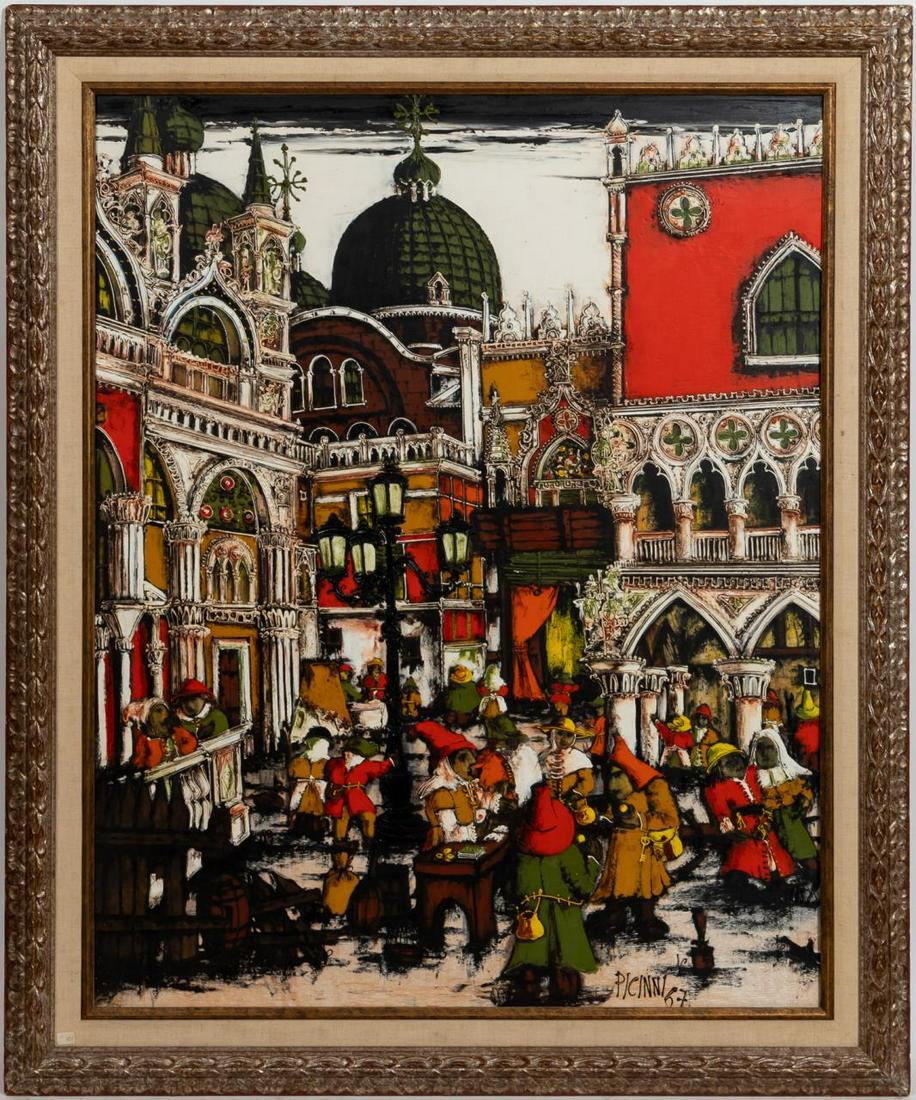 GENNARO PICINNI, MODERN PAINTING OF VENICE: Gennaro Picinni (Italian, b. 1933-). "Venezia" -1957, oil on panel. Signed and dated lower right, titled verso. Approx. 46.5" x 38.5", 39.5" x 31.5" (panel). Provenance: Deaccession from the Mobile Mu