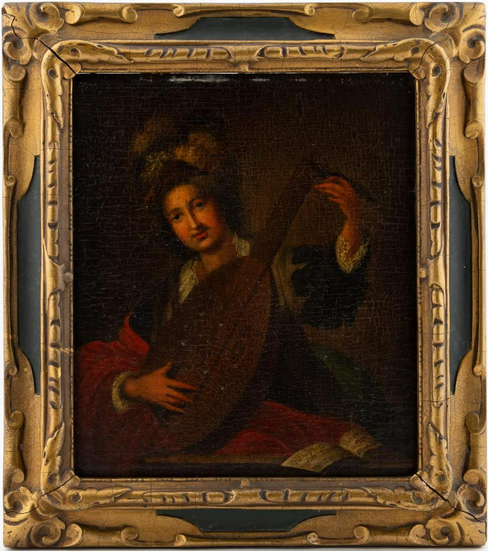 BERNARDO STROZZI, LUTE PLAYER, OIL ON PANEL: Attributed to Bernardo Strozzi (Italian, 1581-1644), "The Lute Player", oil on panel. Artist attribution and illegibly inscribed Italian verso. "JS Bradley, Liberty St NY" label verso.Approx. 12.25" x