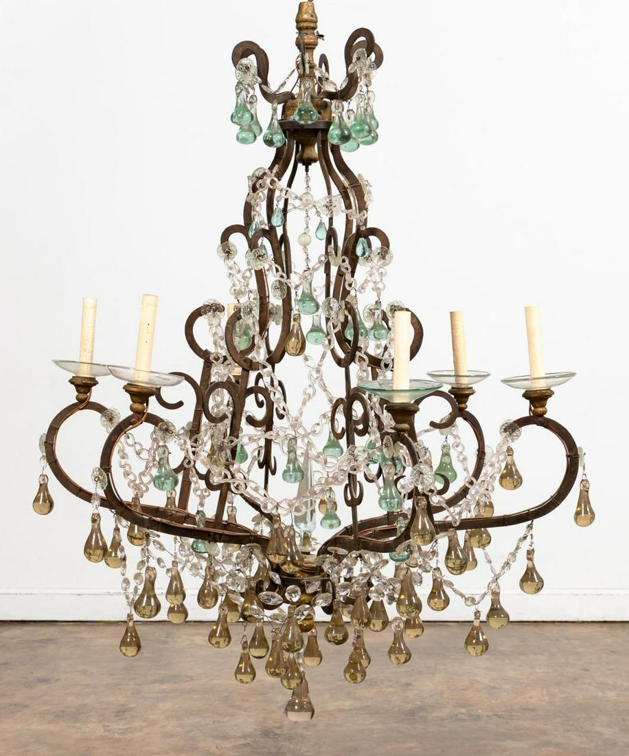 ITALIAN 6 ARM IRON CHANDELIER, COLORED GLASS DROPS: Italian. Exceptional Baroque style six light iron and blown glass chandelier with glass chain form swags, and smoke and green colored drops. Apparently unmarked.Approx. h. 45", w. 34.5".