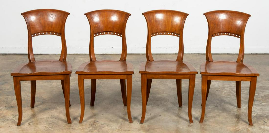 FOUR NEOCLASSICAL FAN BACK SIDE CHAIRS: Likely Italian, 20th century. Biedermeier style mahogany chairs with modern fan back and saber legs. Apparently unmarked. Approx. h. 36.75", w. 19.5", d. 17.5", seat h. 18.75".