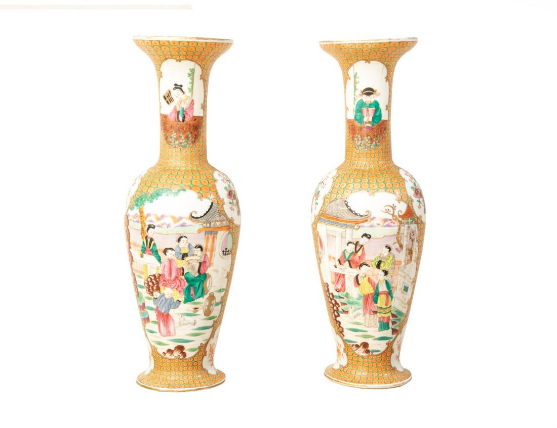Pair, 19th C. Chinese Porcelain Famille Rose Vases: Decorated with figures in interior scenes, and floral diaper ground. Approx. h. 19.5". Please note: This lot is not housed at Ahlers & Ogletree Auction Gallery. Pickup address will be supplied to winn