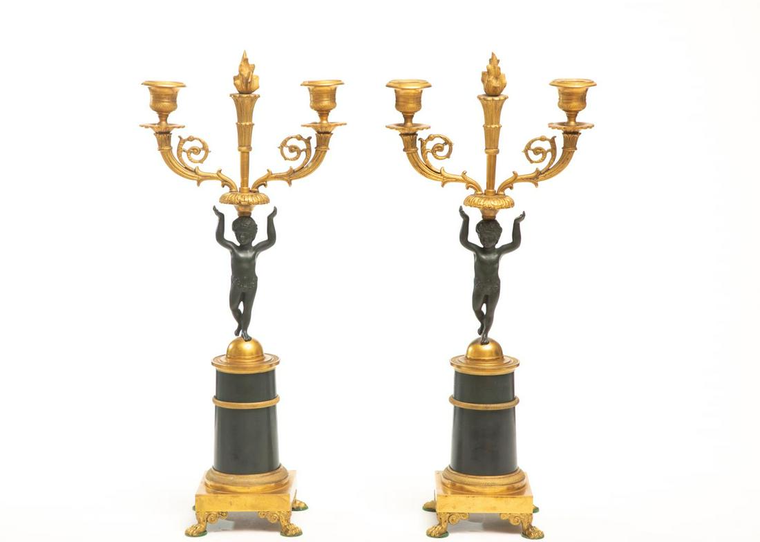 Pair, Empire Style Black & Brass Putti Candelabra (1 of 5)