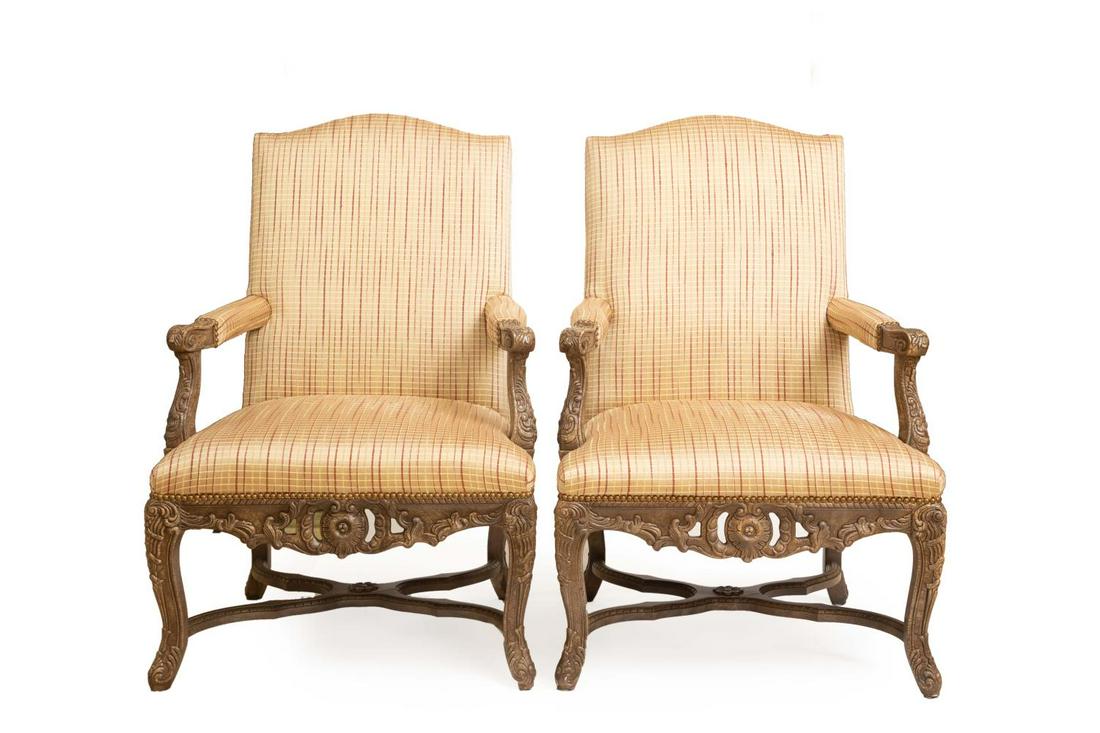 Pair of Louis XV Style Open Armchairs: With crackle painted frame finish, X stretcher bases, and plaid fabric, 43” H. Please note: This lot is not housed at Ahlers & Ogletree Auction Gallery. Pickup address will be supplied to winning bi