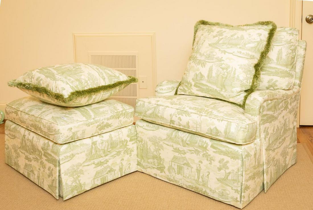 English Green Toile Club Chair with Ottoman: Late 20th century. With skirted bases. 36” H (chair), 18” H, 21” x 29” (ottoman). Please note: This lot is not housed at Ahlers & Ogletree Auction Gallery. Pickup address will be supplied to w