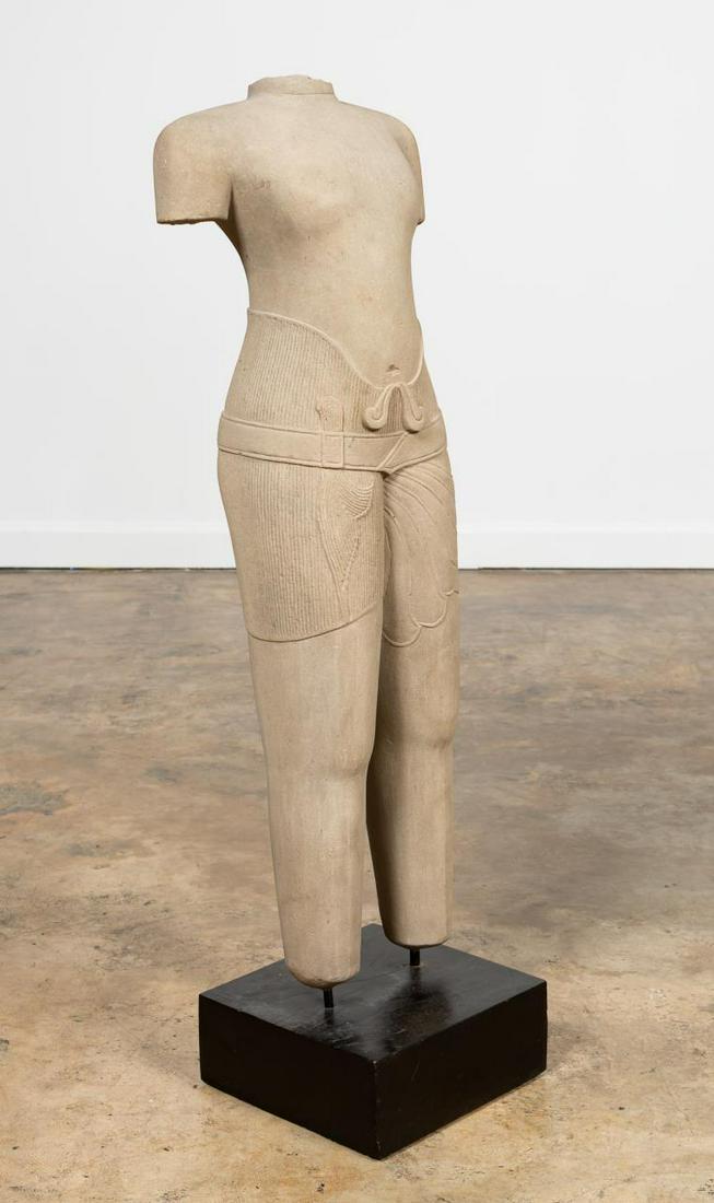 BUDDHIST STYLE CARVED STONE FIGURE, ON STAND: Asian, 20th century. Carved stone Buddhist style figure on black painted wood base. Apparently unmarked. Approx. h. 45.5"
