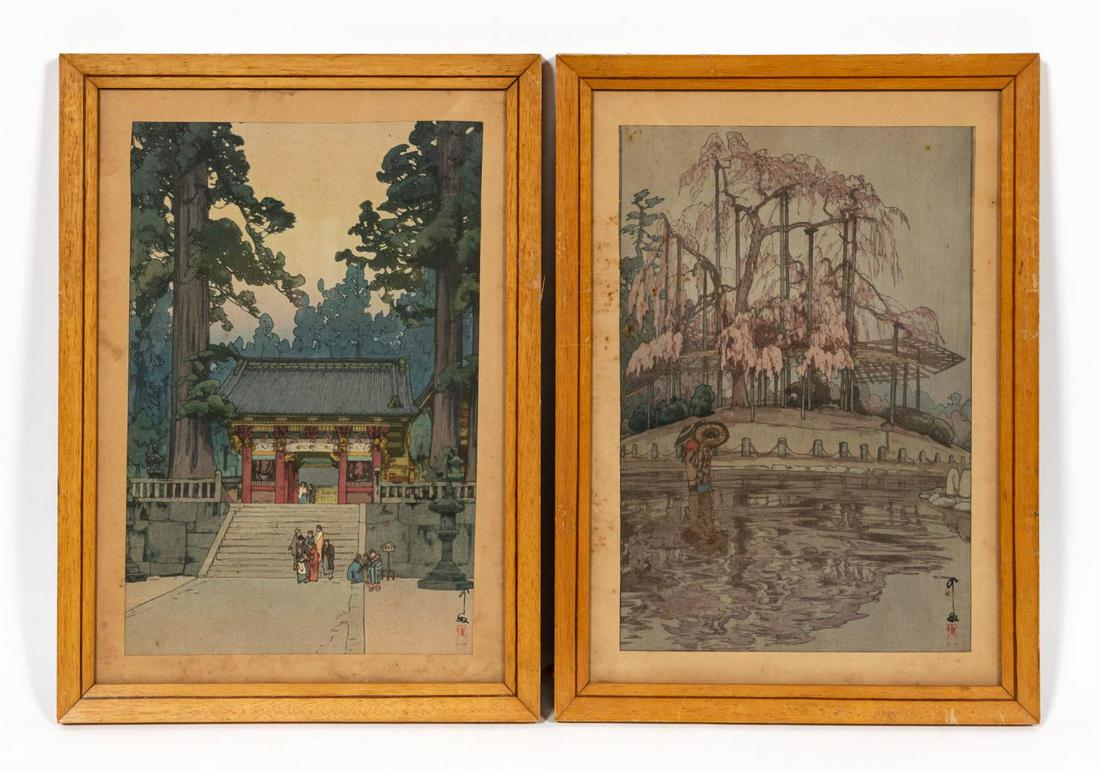 PAIR, YOSHIDA HIROSHI, JAPANESE WOODBLOCKS, FRAMED: Yoshida Hiroshi (Japanese, 1876-1950). "Harusame (Spring Rain) or Yozakura in Rain" and "Toshogu Shrine" color woodblock prints. Framed as a pair. Approx. 18" x 13" (frame), 14.5" x9.5" (sight)
