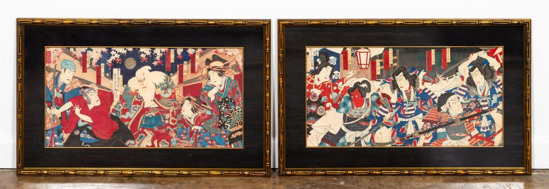 PAIR, YAKUSHA-E JAPANESE COLOR WOODBLOCK PRINTS: Toyohara Kunichika (Japanese, 1835-1900). Pair of Japanese kabuki theater scene woodblock print triptychs. Framed as a pair. Approx. 21.25" x 34.5" (framed), 13.5" x 26.25" (sight).