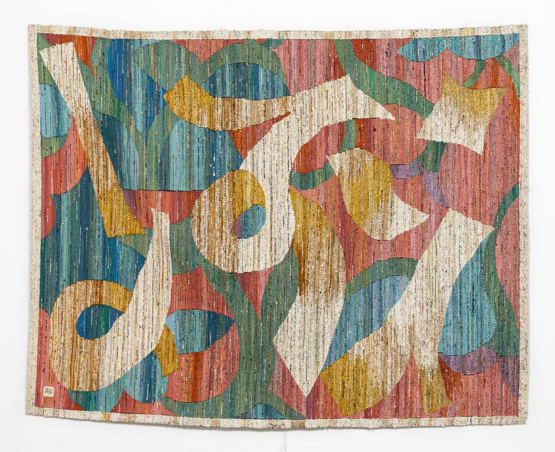 JON ERIC RIIS, ATLANTA ARTIST, ABSTRACT TAPESTRY: Jon Eric Riis (American/Georgia. 20th/12st century). "Untitled Abstract", tapestry. Signed lower left "JER". Provenance: Acquired directly from the Artist in Atlanta. Approx. 46" x 57"