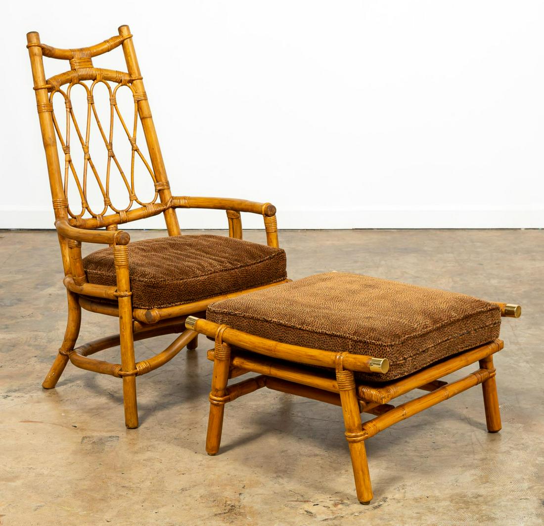 MCM BAMBOO ARMCHAIR WITH FICKS REED OTTOMAN: American, mid 20th century. Mid Century Modern bamboo armchair with Ficks Reed ottoman both having upholstered cheetah print cushions. Ottoman likely designed by John Wisner. Maker's mark to ottoman. 