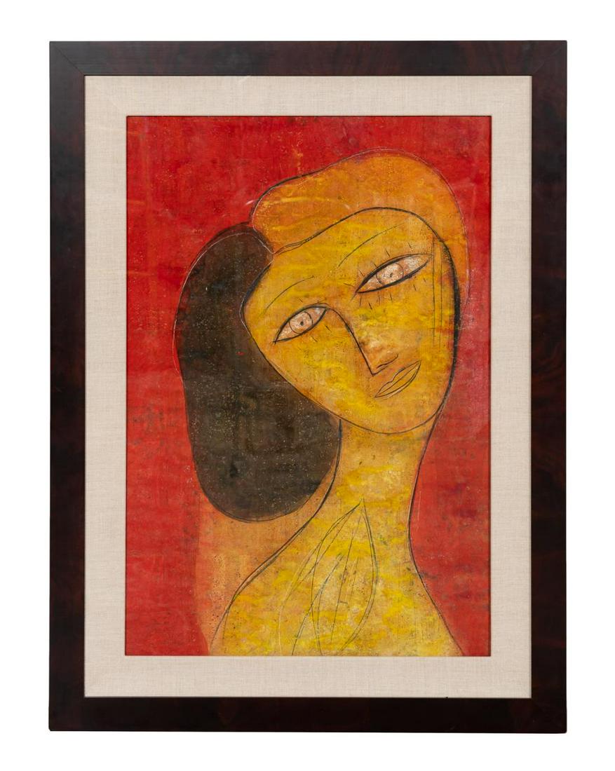 JAMALI, PORTRAIT OF A LADY, MIXED MEDIA, FRAMED: Jamali (Pakistani, b. 1944). "Modern Portrait of a Lady", mixed media. Apparently unsigned, identified on label verso, original receipt included. Approx. 47" x 34.75" (frame), 36.5" x 24.5" (sight)