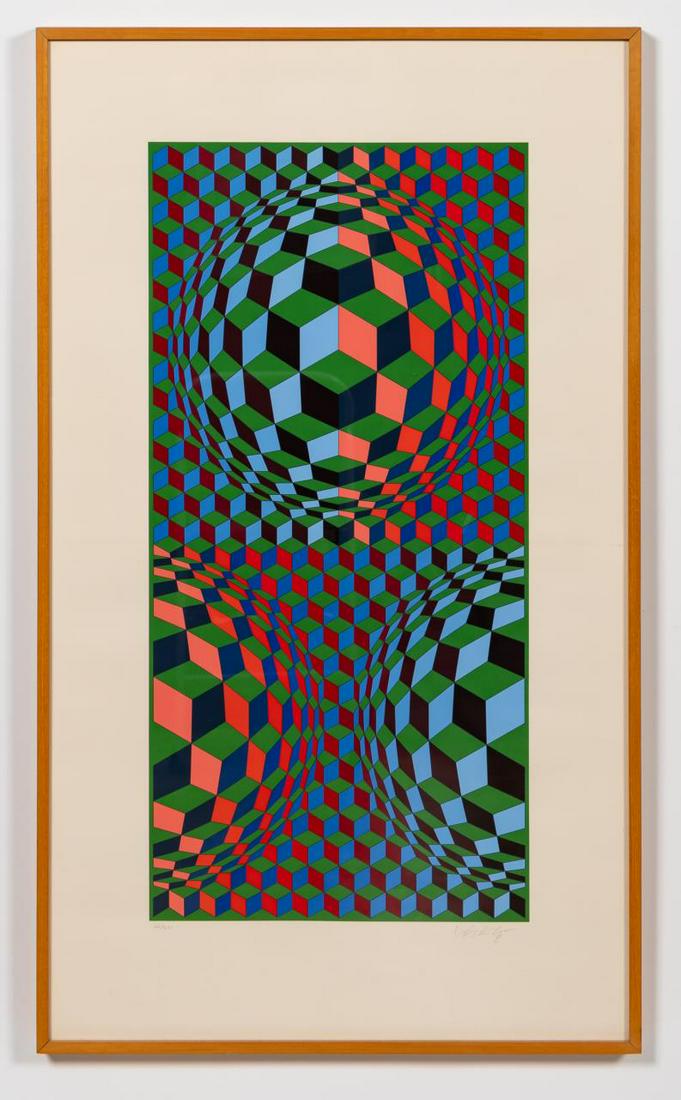 VICTOR VASARELY, OP ART, SERIGRAPH, FRAMED: Victor Vasarely (Hungarian/France, 1906-1997). "Untitled Geometric Abstract", screenprint. Signed lower right and numbered 66/250 lower left. Approx. 44.75" x 26.25" (frame), 34" x 16.5" (image)