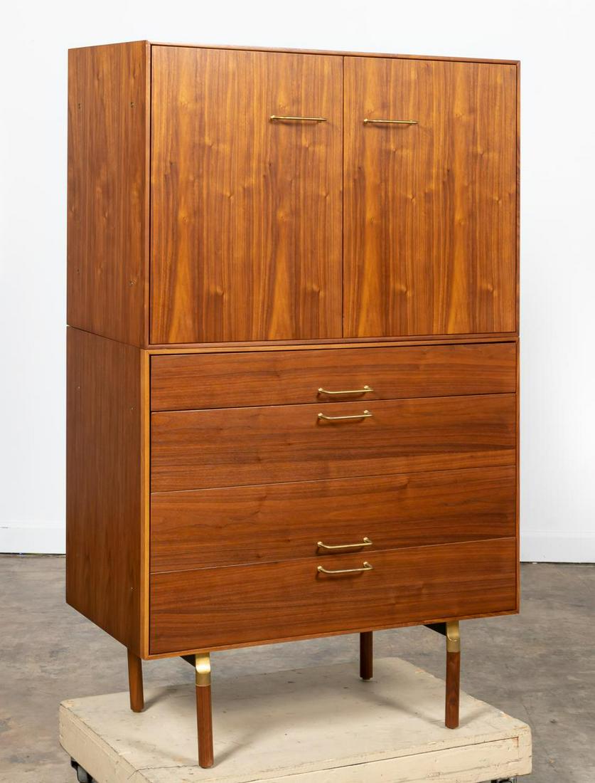 JENS RISOM & CHRIS HARDY "VEN" WALNUT ARMOIRE: Jens Risom and Chris Hardy for Design Within Reach, contemporary. "Ven" chest on chest with veneered walnut and brass hardware. Marked to both sections. Approx. h. 59.75", w. 36", d. 19.125".
