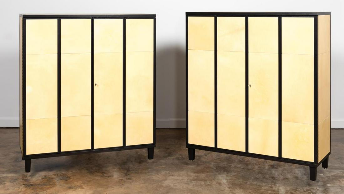 PAIR MATTALIANO MODERN OFF-WHITE & BLACK CABINETS: Mattaliano Furniture Co., (American), 20th century. Pair of modern "Frank" dark wood and vellum four door cabinets having hinged folding doors. Maker's brass plaque to inside of door. Approx. h. 53.75