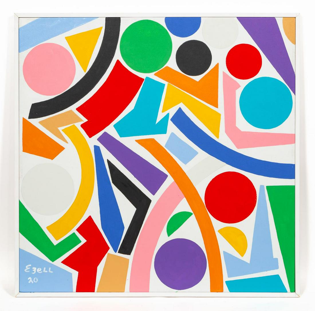 SAM EZELL, HARD EDGE ABSTRACT OIL ON CANVAS, 2020: Sam Ezell (American/North Carolina, 20th/21st century). "Hard Edge Geometric" - 2020. Oil on canvas, signed and dated lower right. Artist made and painted frame. Approx. 48" x 48" (frame), 46.5" x 46.