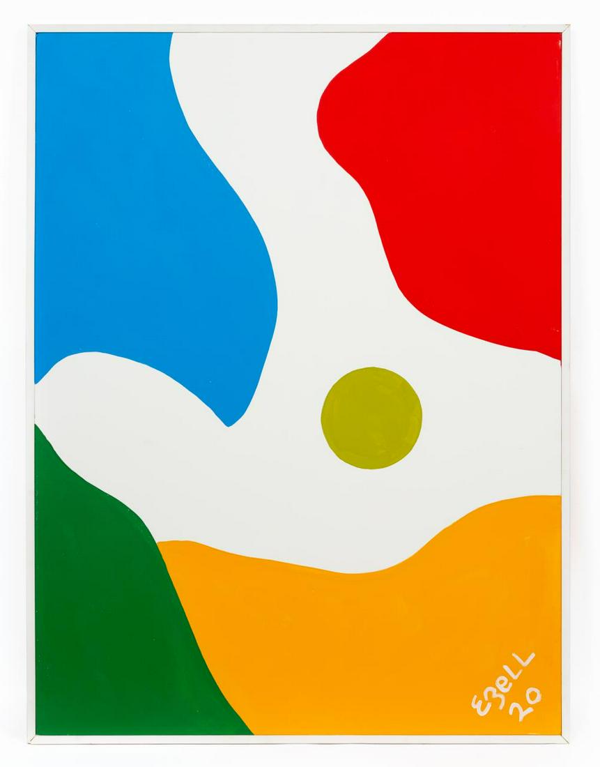 SAM EZELL, ABSTRACT OIL PAINTING ON CANVAS, 2020: Sam Ezell (American/North Carolina, 20th/21st century). "Untitled Modern Abstract" -2020. Oil on canvas, signed and dated lower right. Artist made and painted frame. Approx. 63.5" x 48" (frame), 62" x