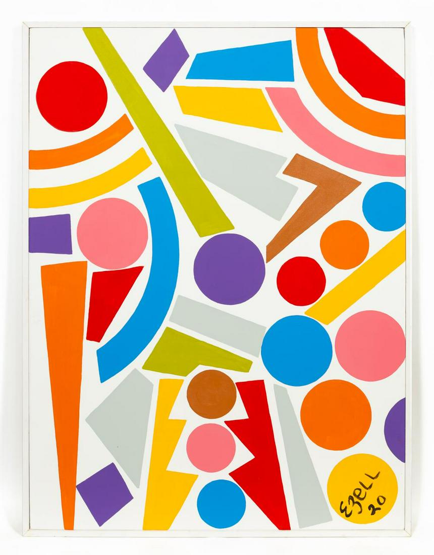 SAM EZELL, COLORFUL SHAPES, ABSTRACT PAINTING: Sam Ezell (American/North Carolina, 20th/21st century). "Shapes" -2020. Oil on canvas, signed and dated lower right. Artist made and painted frame. Approx. 62" x 46.5" (canvas), 63.75" x 48" (frame).