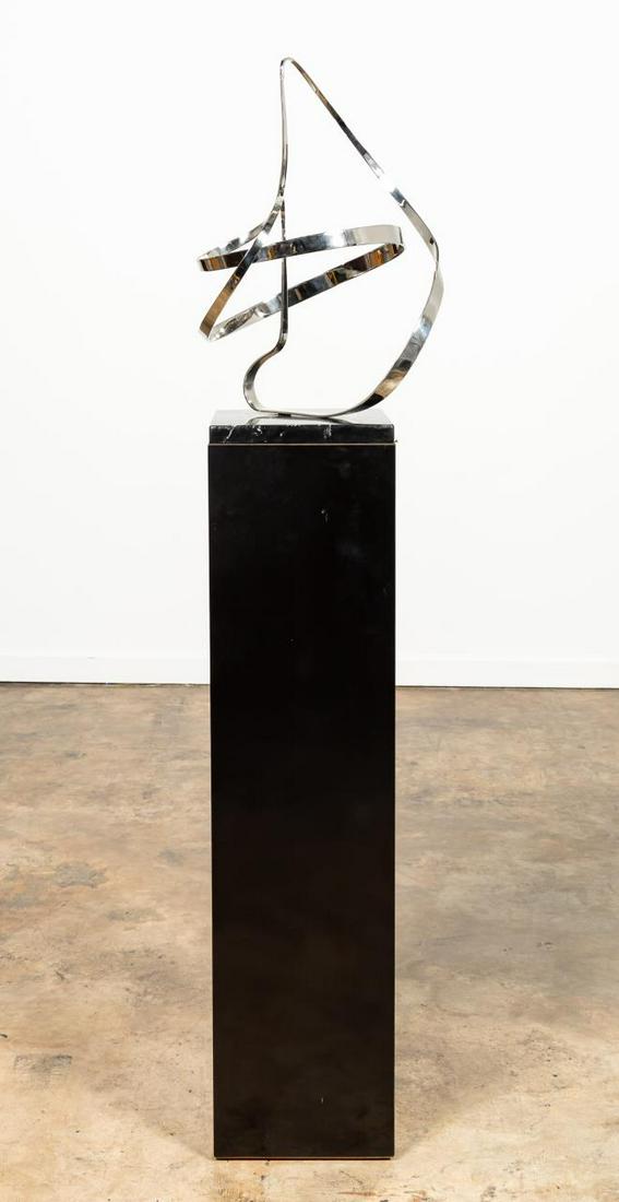 1984 MICHAEL CUTLER, KINETIC STEEL SCULPTURE: Michael Cutler (American/California, born 1947). "Nova" -1984, stainless steel kinetic sculpture with spinning central swirl. Signed, dated and numbered 23 of 50, on composite faux marble base with cu
