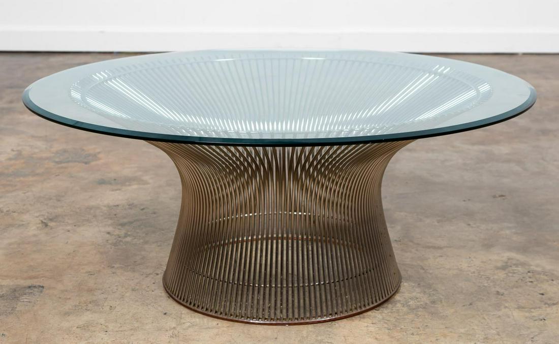 WARREN PLATNER FOR KNOLL WIRE COFFEE TABLE: Warren Platner (American) for Knoll International, 20th century. Mid century modern "Platner" coffee table with wire rod base and round glass top. Apparently unmarked. Approx. h. 15", diam. 36".